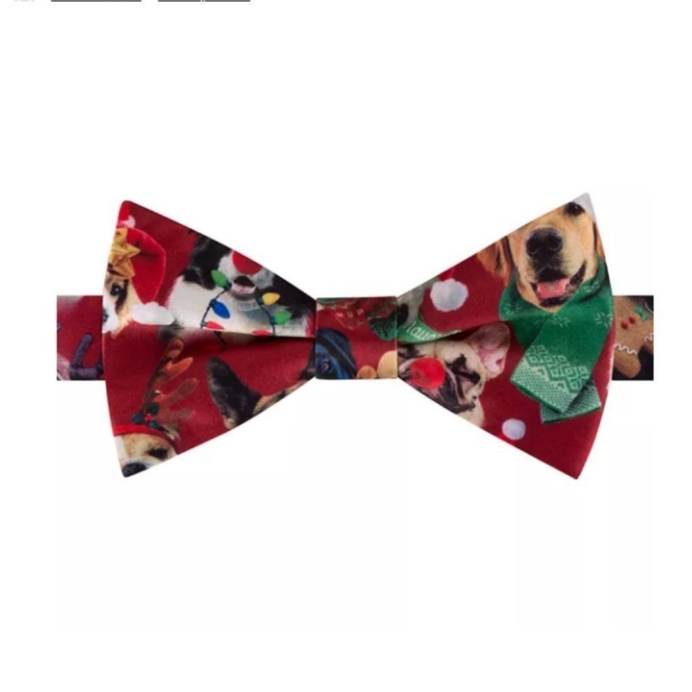 Mens St. Nicholas Square Christmas Holiday Xmas Satin Dog Print Bow tie NWT Red